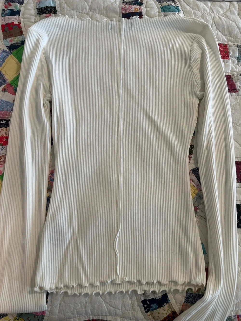 J.Crew Women's White Ribbed Long-Sleeve Top Coquette Ruffled girlhoodcore xs